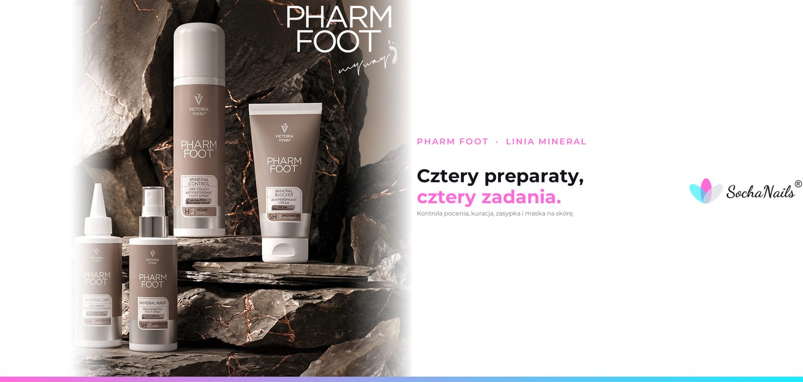 Baner blogowy: pięć opakowań linii Pharm Foot na kamiennym podeście, obok hasło Cztery preparaty, cztery zadania